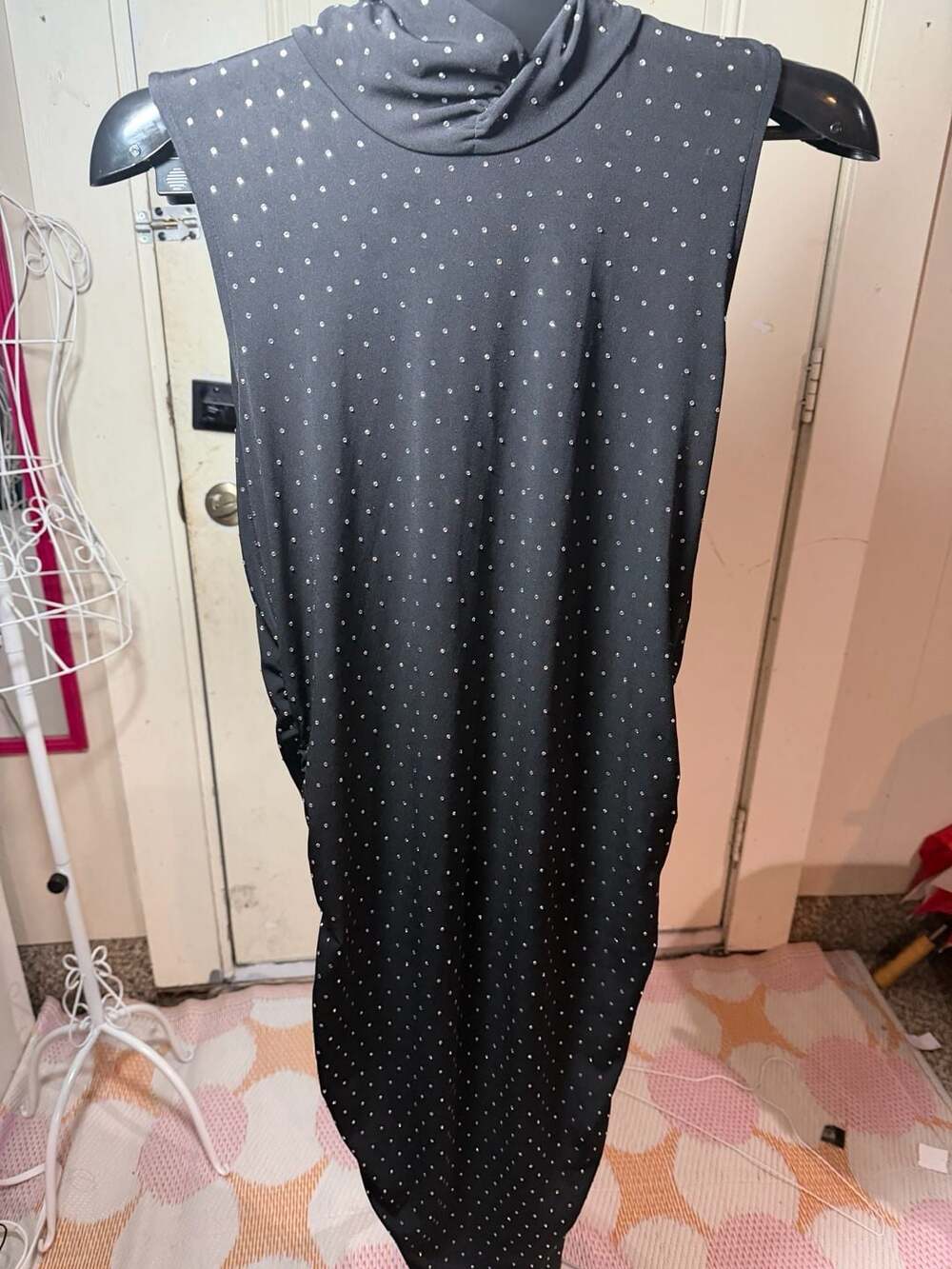 Michael Kors Black Rhinestone Embellished Mock Neck Ruched Maxi Dress XL